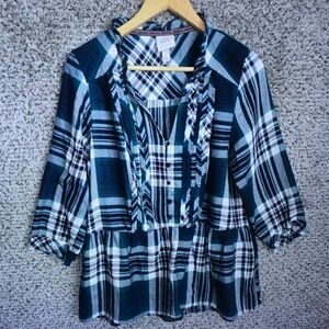 Vintage Style Plaid Ruffle Peplum Top - Blue/White